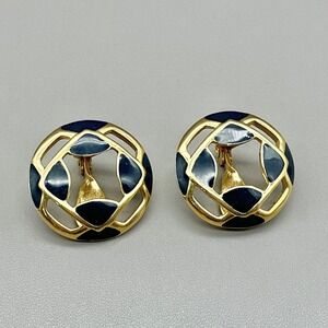 Monet Clip On Earrings Women Gold Navy Blue Enamel Geometric Round Open Work